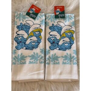 The Smurfs 100% Cotton Kitchen Towel Set of 2 White Blue Smurfette 15x25in
